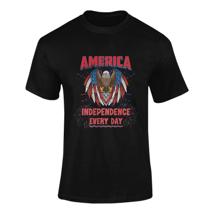 Patriotic t-shirt featuring a fierce bald eagle wearing American flag sunglasses, draped in red, white, and blue feathers, with fireworks and the phrase Independence Every Day in bold letters - available in 5 colors.