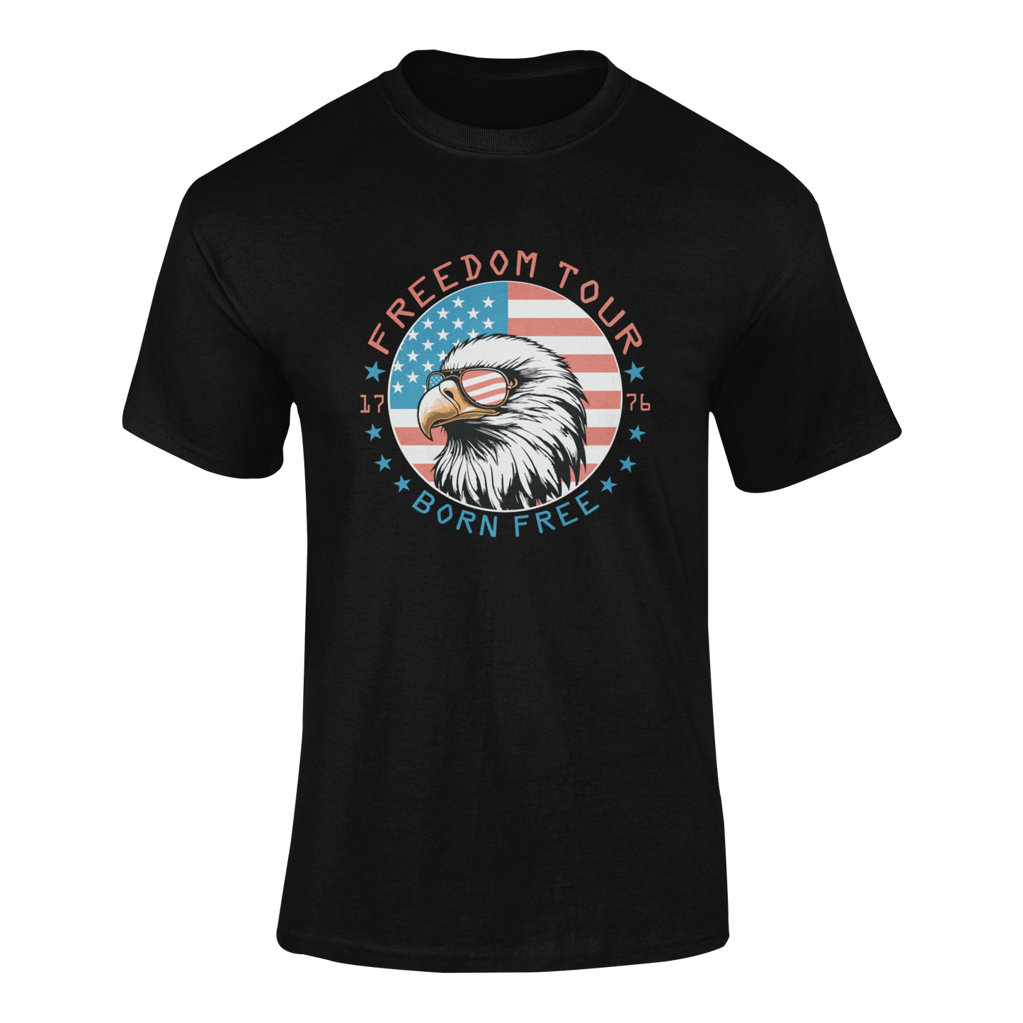 Patriotic t-shirt featuring a bald eagle wearing American flag aviator sunglasses with the words Freedom Tour – Born Free, set against a distressed American flag background - available in 12 colors.