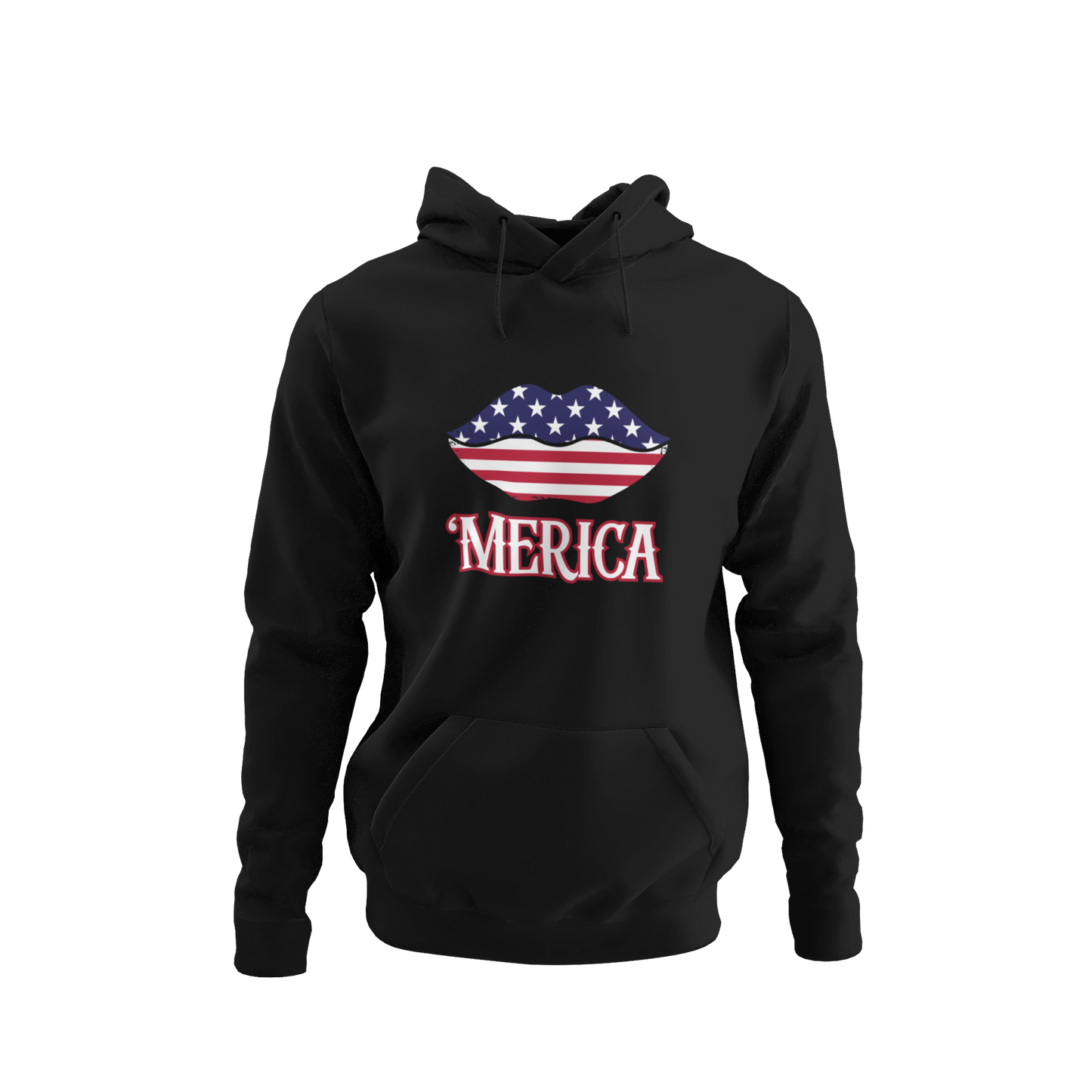 Patriotic hoodie featuring American flag lips with the word 'MERICA in a bold, vintage-style western font - available in 8 colors.