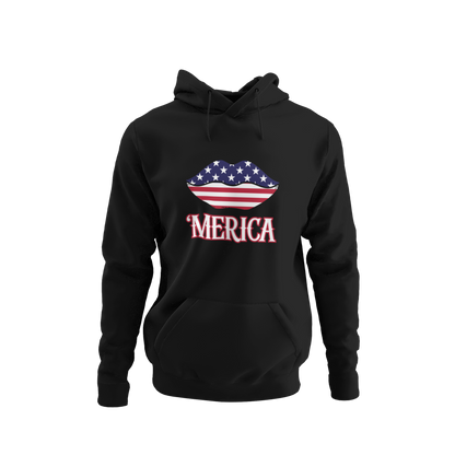 Patriotic hoodie featuring American flag lips with the word 'MERICA in a bold, vintage-style western font - available in 8 colors.