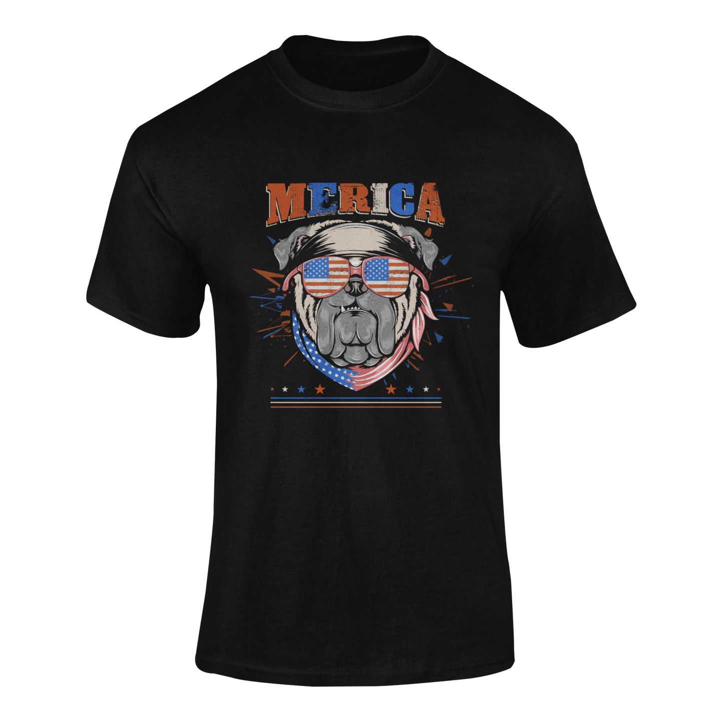 Patriotic t-shirt featuring a bulldog wearing American flag sunglasses and a red, white, and blue bandana, with the word ‘MERICA in bold, distressed lettering - available in two colors.