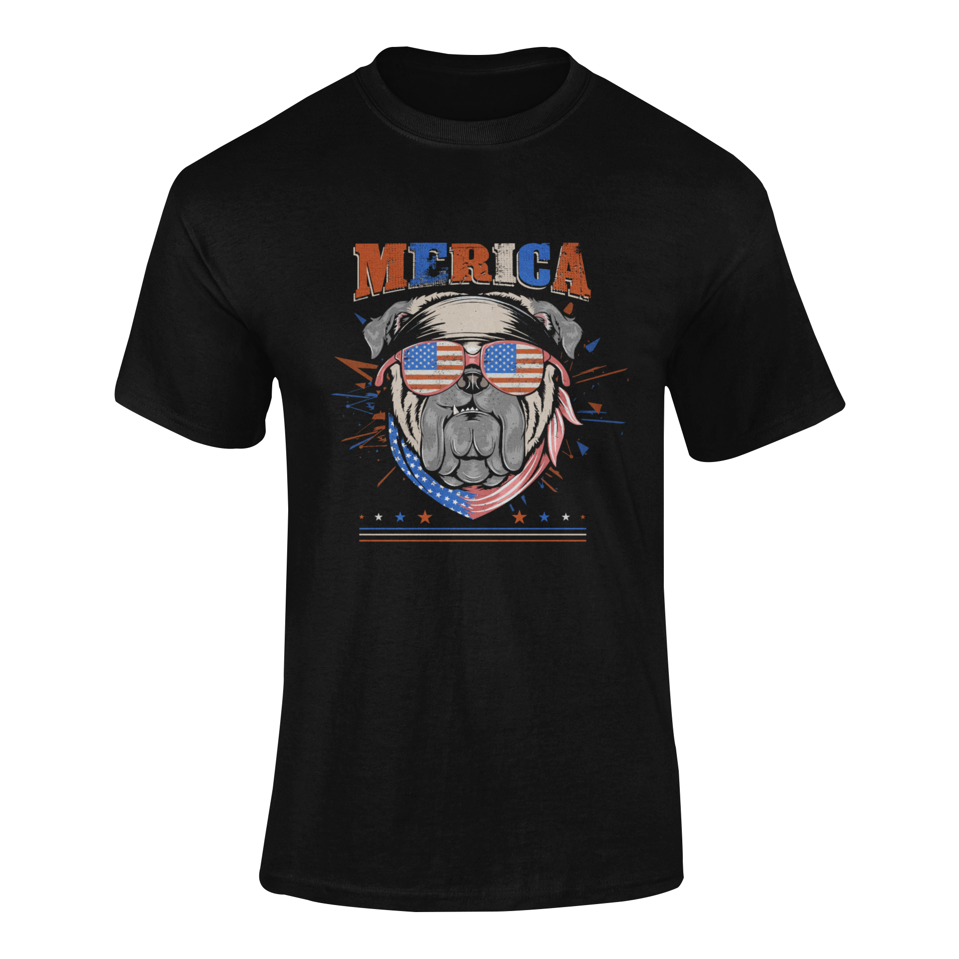 Patriotic t-shirt featuring a bulldog wearing American flag sunglasses and a red, white, and blue bandana, with the word ‘MERICA in bold, distressed lettering - available in two colors.