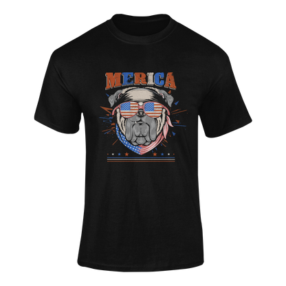 Patriotic t-shirt featuring a bulldog wearing American flag sunglasses and a red, white, and blue bandana, with the word ‘MERICA in bold, distressed lettering - available in two colors.