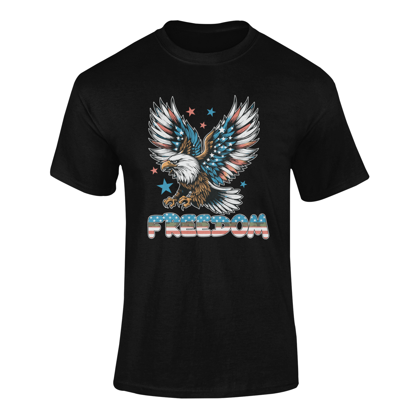 Patriotic t-shirt featuring a bald eagle with American flag wings, surrounded by stars, with the word FREEDOM in red, white, blue, and a camo stripe in the middle - available in 12 colors.