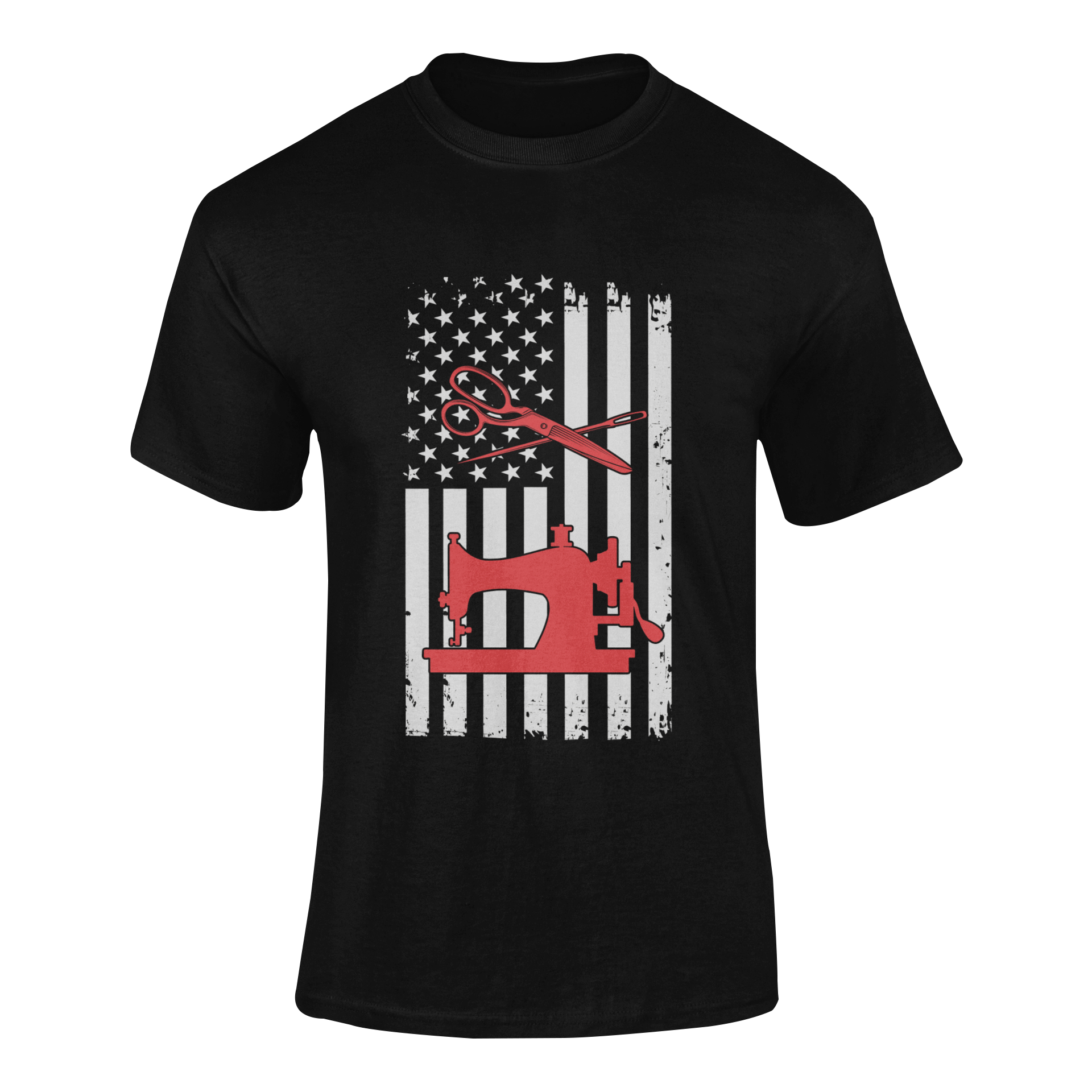 Patriotic t-shirt featuring a vintage sewing machine, scissors, and a needle, all set against a distressed American flag background, honoring the art of sewing and craftsmanship in a handful of dark shade colors.