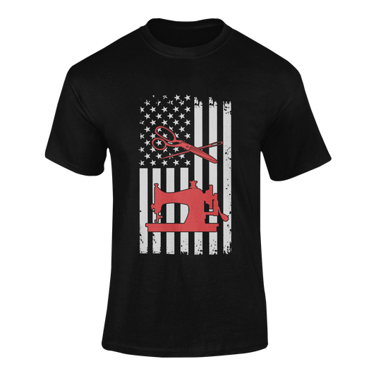 Patriotic t-shirt featuring a vintage sewing machine, scissors, and a needle, all set against a distressed American flag background, honoring the art of sewing and craftsmanship in a handful of dark shade colors.