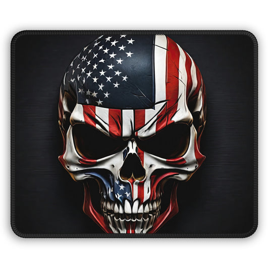 Skull mouse pad featuring an aggressive American flag design with grit and boldness.