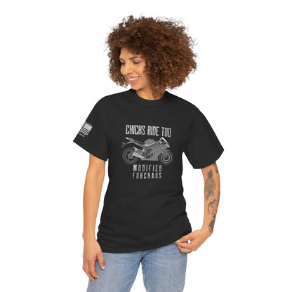 Chicks Ride Too – Modified FORCHAOS Sport Bike Graphic T-Shirt