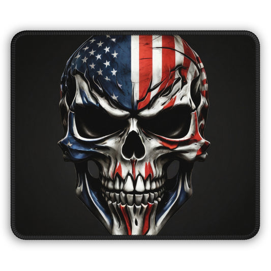 American flag skull mouse pad with a cracked, war-torn patriotic design.