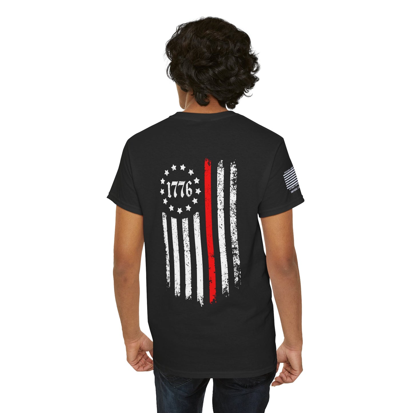 Thin Red Line 1776 Betsy Ross Patriotic First Responder Flag T-Shirt (Back Print)