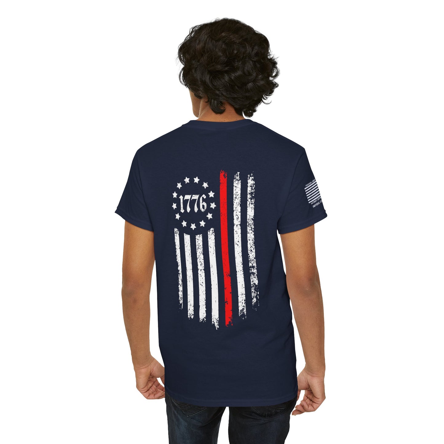 Thin Red Line 1776 Betsy Ross Patriotic First Responder Flag T-Shirt (Back Print)