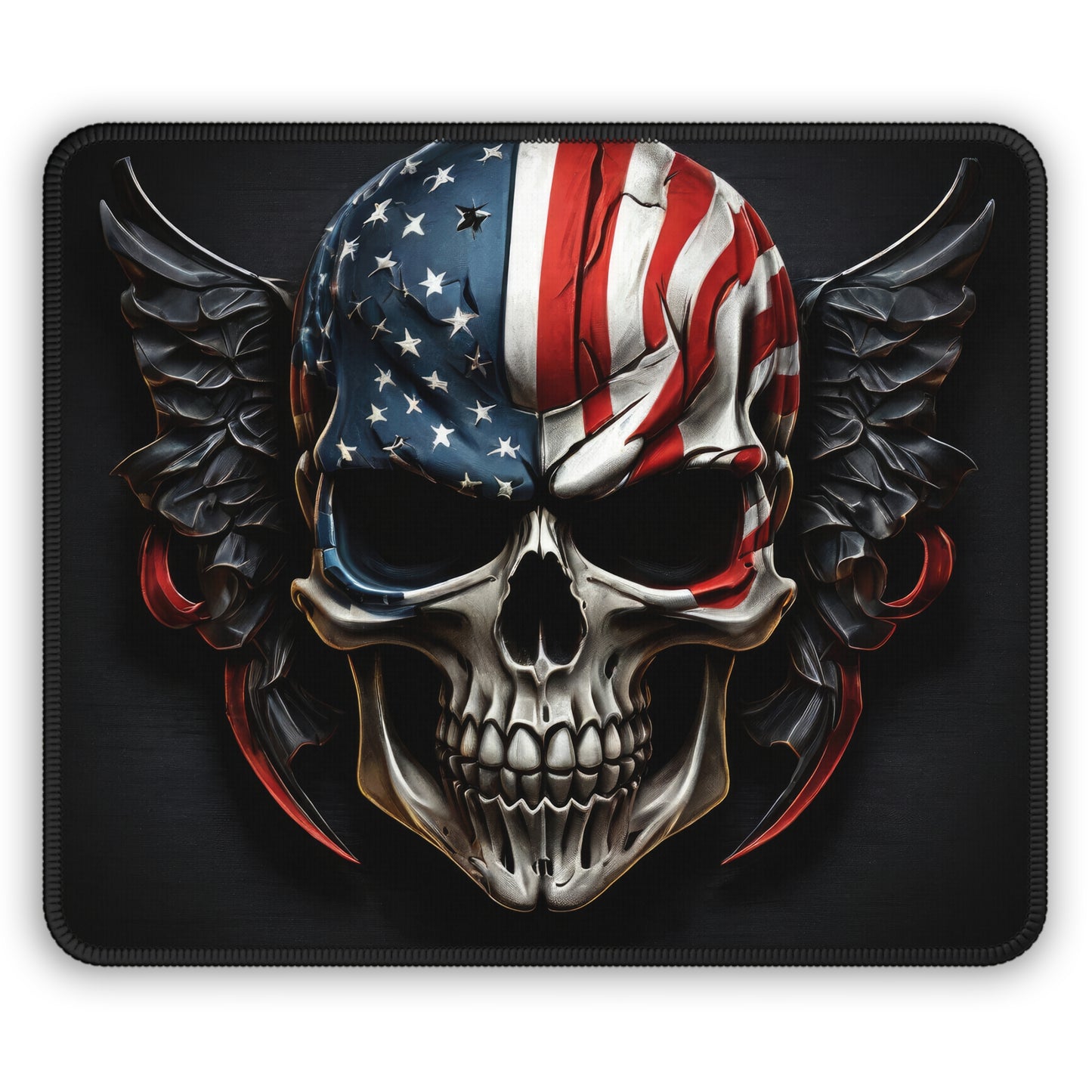 Patriotic skull mouse pad featuring an eagle-winged skull wrapped in the American flag.