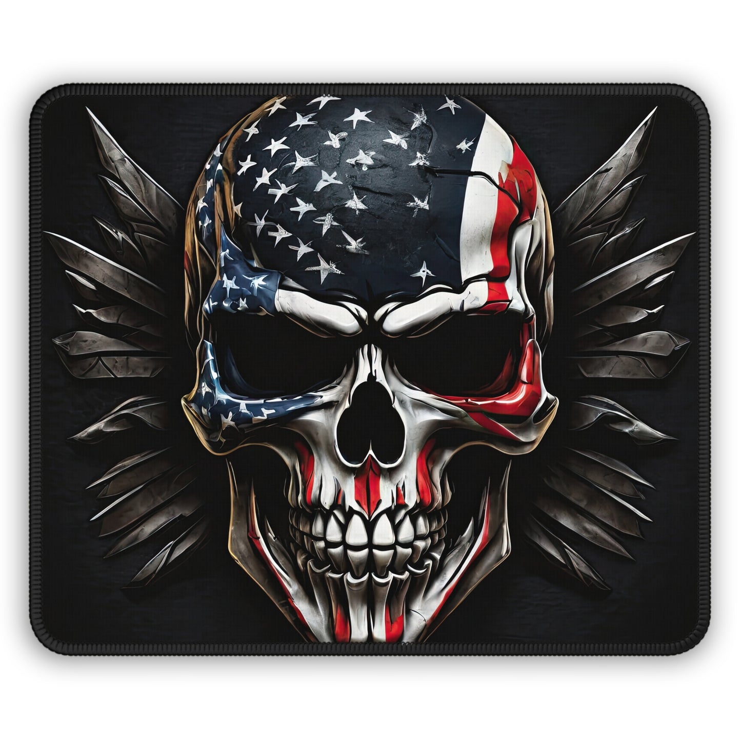 Patriotic skull mouse pad with an American flag and industrial steel-themed background.