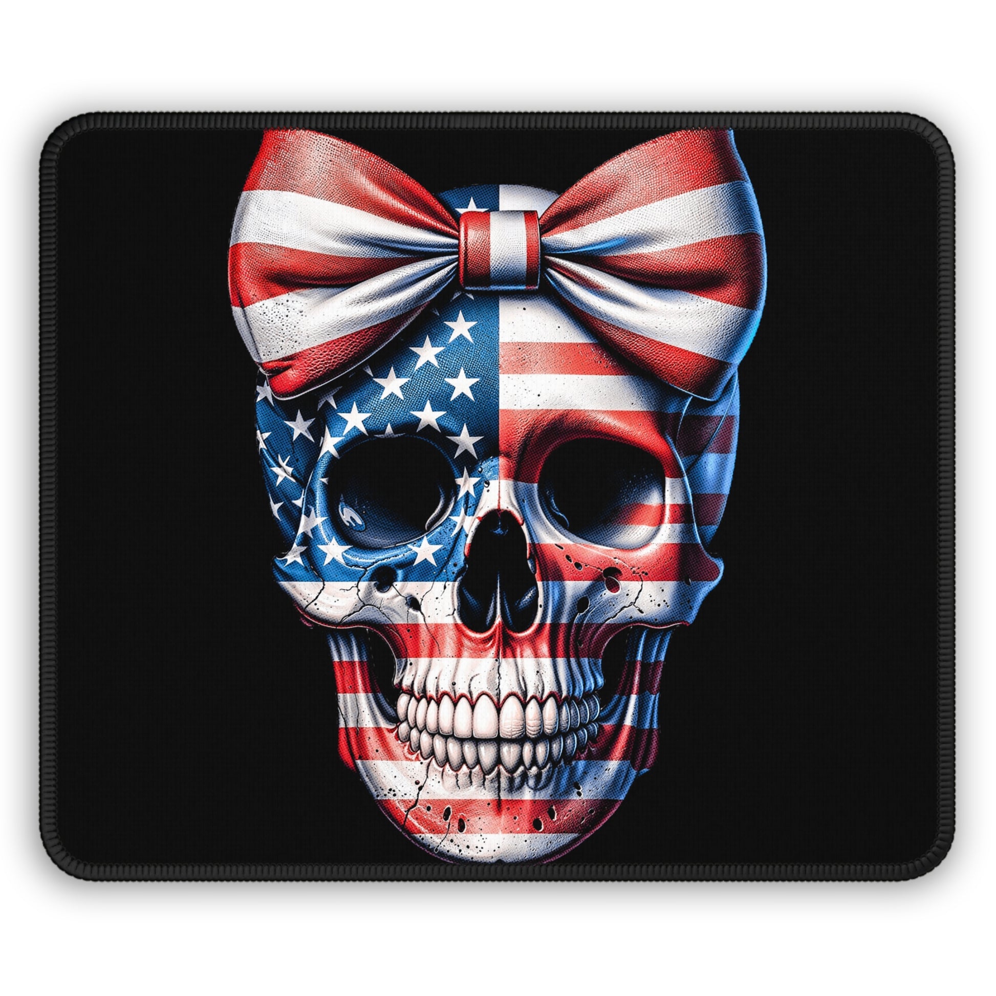 Patriotic skull mouse pad with an American flag and bow design for bold women.