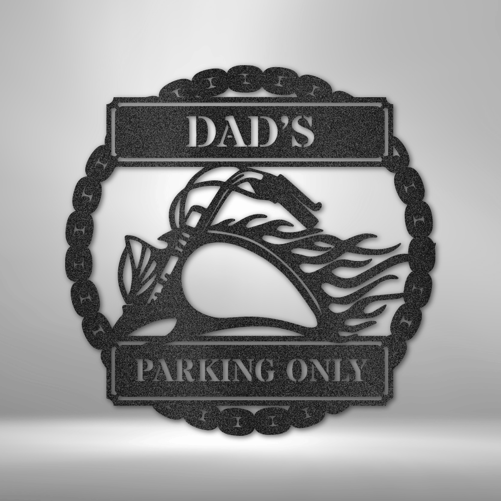 Dad’s Parking Only Steel Sign featuring a flaming chopper silhouette, chain border, and bold text banners. Precision-cut from 16-gauge steel, powder-coated for durability, and available in Black, Silver, White, Copper, and Bronze finishes.