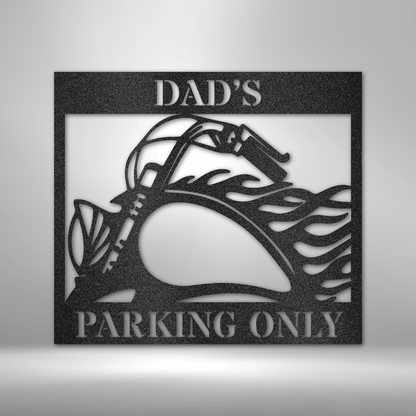 Dad’s Parking Only Metal Sign featuring a flaming motorcycle design. Durable 16-gauge steel, powder-coated for indoor & outdoor display.