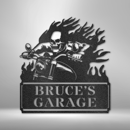 Flaming Reaper riding a motorcycle, laser-cut from steel, with a customizable nameplate for garage or man cave décor.