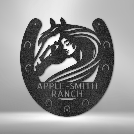 Custom metal ranch sign featuring a detailed silhouette of a woman and horse within a horseshoe frame, personalized with the name "Apple-Smith Ranch." Available in Black, Copper, Bronze, Silver, and White.