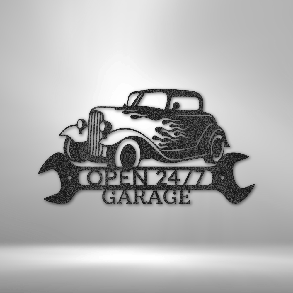 Customizable 16-gauge steel garage sign featuring a vintage hot rod with flames, crossed wrenches, and the text "Open 24/7 Garage.