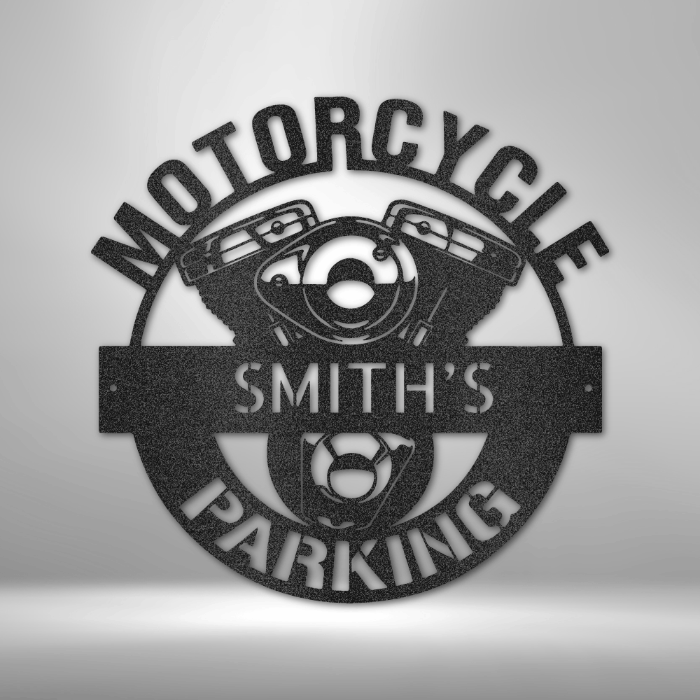 Personalized steel sign with a V-twin engine design and 'Motorcycle Parking' text, perfect for any riderâ€™s garage or home. Available in black, silver, white, bronze, and copper finishes.