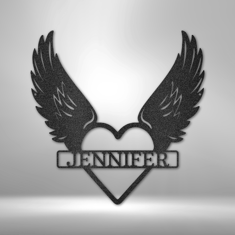 Customizable winged heart metal sign featuring a personalized name in the center. Made from 16-gauge steel, powder-coated for durability. Available in black, copper, bronze, silver, and white.