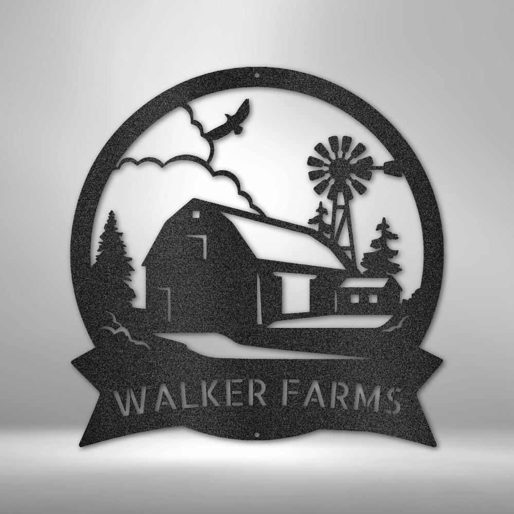 Personalized farm metal sign with barn and windmill design, customizable with a family or ranch name. Durable 16-gauge steel for indoor and outdoor display.