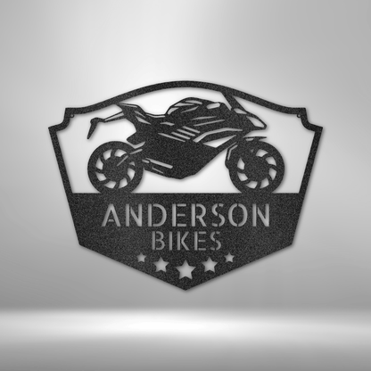 Custom steel wall sign featuring a sportbike silhouette with personalized text, ideal for garages, workshops, or motorcycle enthusiasts. Made from 16-gauge steel, powder-coated for durability, and available in Black, Silver, White, Copper, and Bronze finishes.