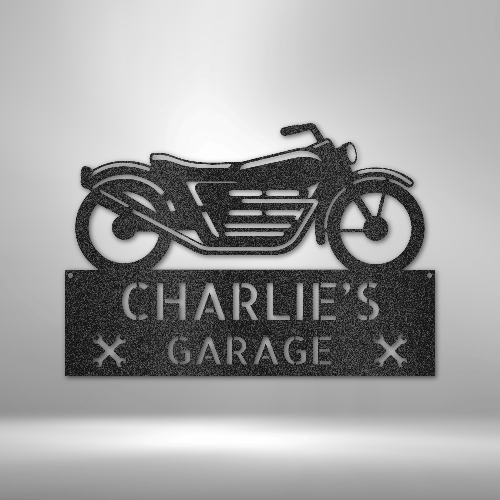 Custom motorcycle garage steel sign, featuring a classic bike silhouette and crossed wrenches. Made from 16-gauge steel and available in Black, Silver, White, Copper, and Bronze finishes.