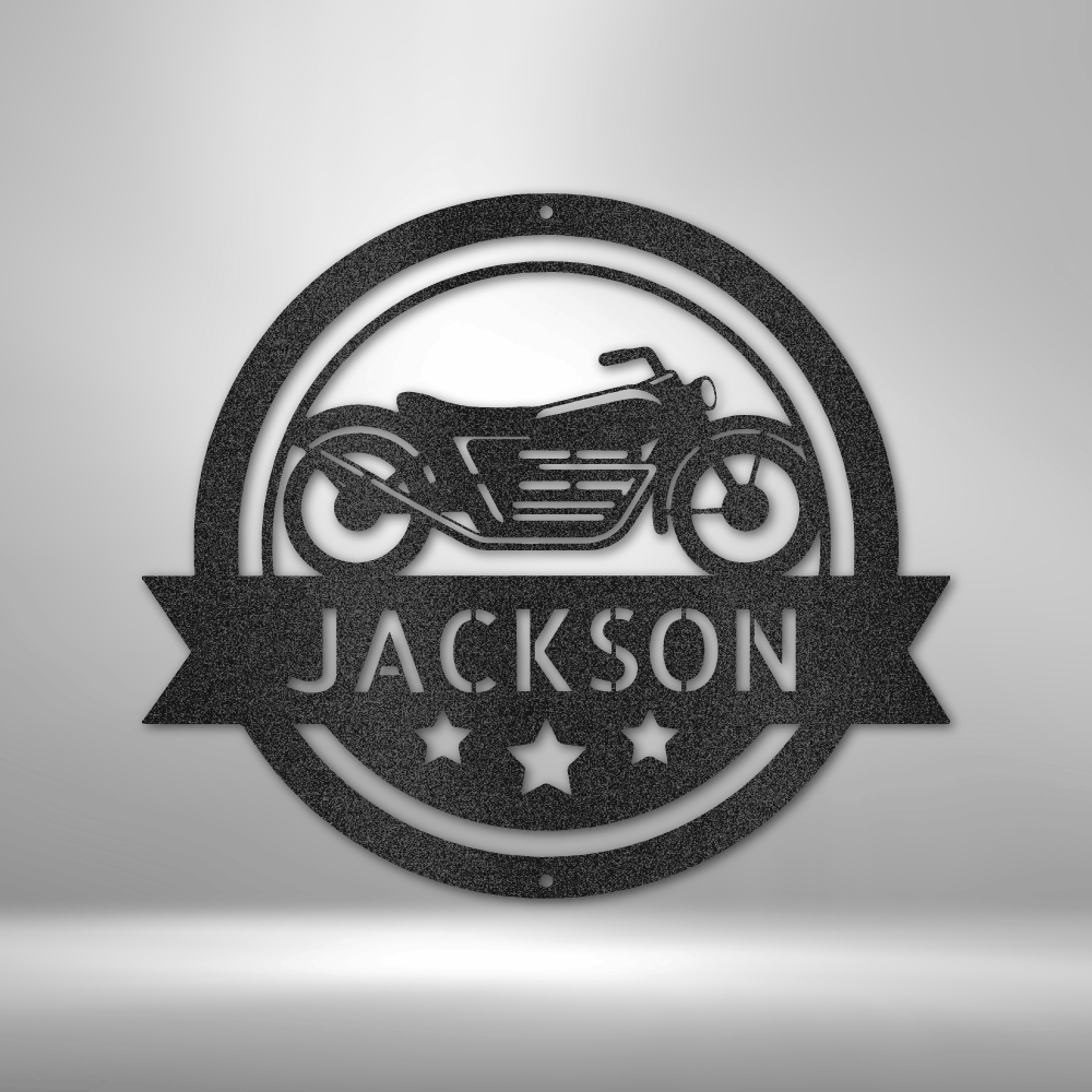 Custom vintage motorcycle metal sign with personalized name. Made from 16-gauge steel, perfect for garages, man caves, and biker shops.