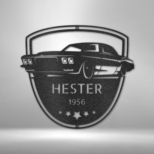 A customizable 16-gauge steel sign featuring a classic muscle car with a name and year. Powder-coated for durability and perfect for garages, workshops, and collectors. Available in Black, Silver, White, Copper, and Bronze finishes.