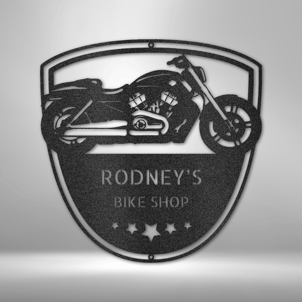 Custom motorcycle garage sign with V-twin cruiser design, customizable text, and powder-coated steel finish.