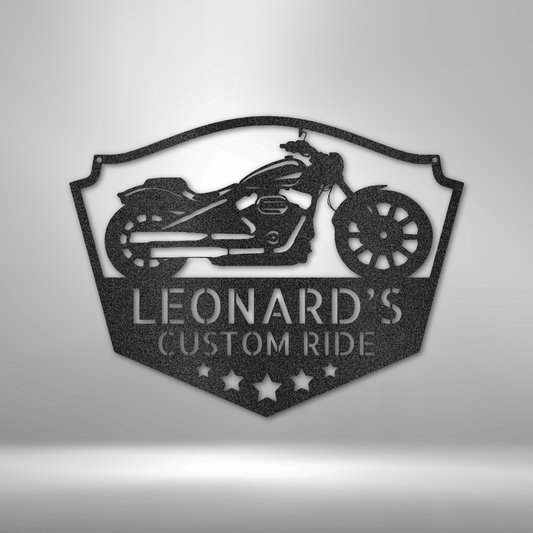 Custom motorcycle metal sign featuring a chopper silhouette with personalized text. Perfect for bikers, garages, and motorcycle lovers.