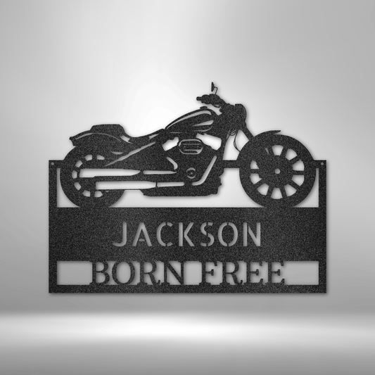 Custom motorcycle metal sign featuring a chopper silhouette with personalized text, perfect for bikers, garages, and man caves.