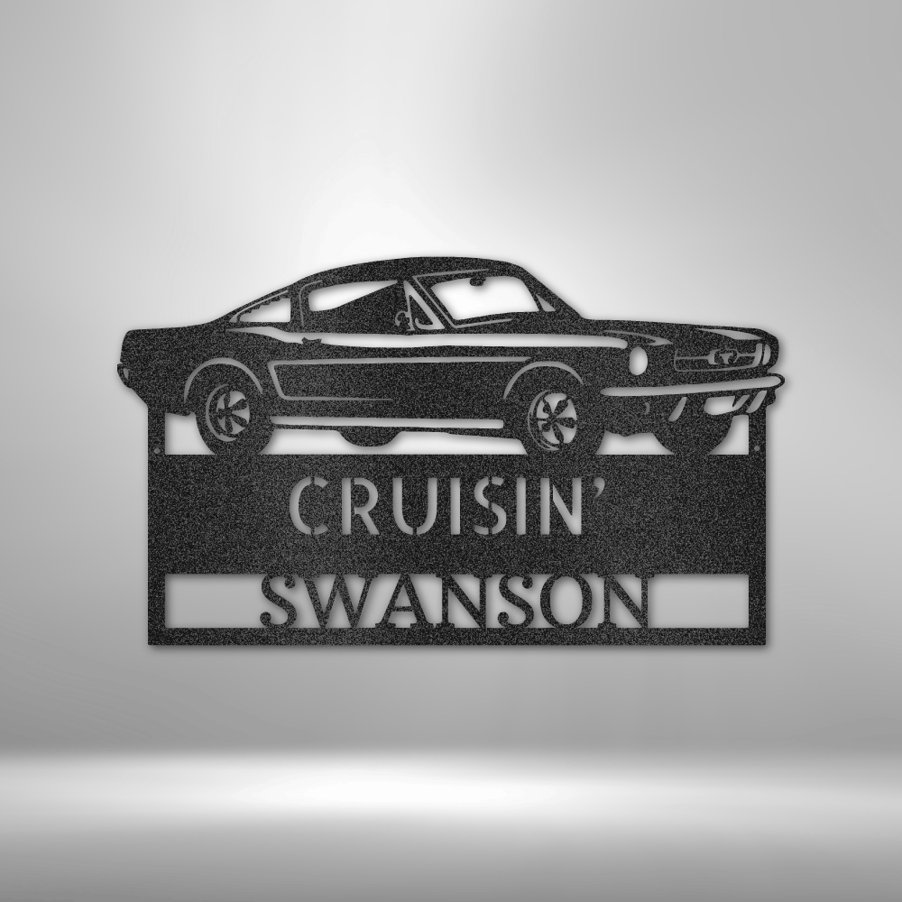 Personalized classic car steel sign featuring a vintage fastback silhouette. Customizable with a name and phrase, made from 16-gauge steel, and available in Black, Silver, White, Copper, and Bronze finishes.