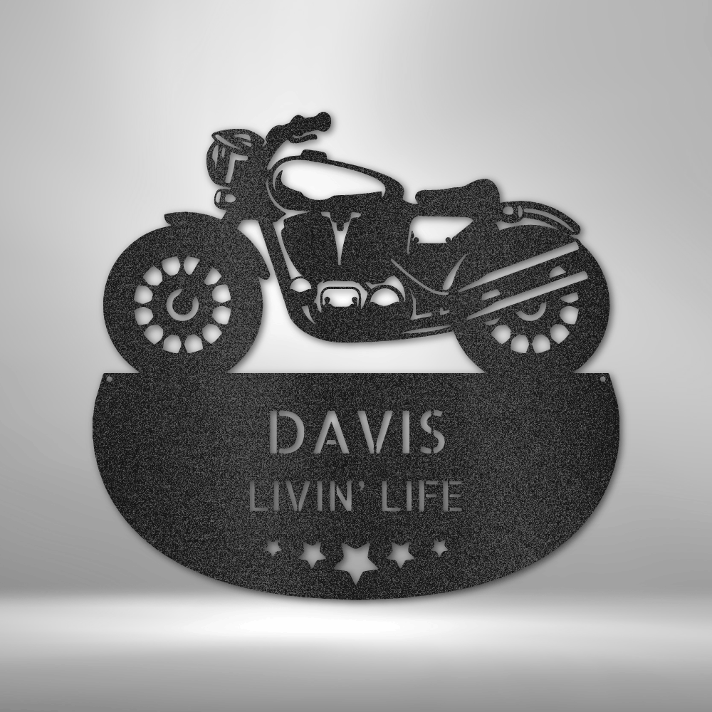 Custom motorcycle-themed steel sign featuring a cruiser-style bike and personalized nameplate. Made from 16-gauge steel and available in Black, Silver, White, Copper, and Bronze. Perfect for garage décor, man caves, and biker gifts.