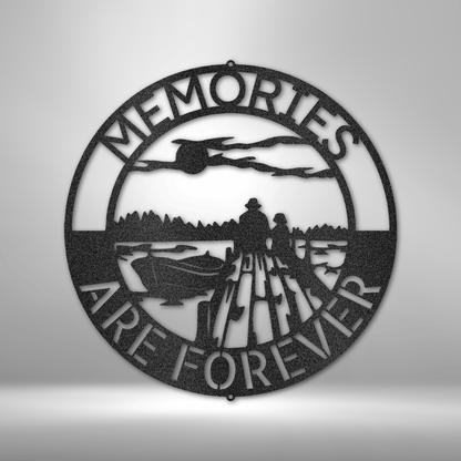 Steel wall art featuring a lake scene with a dock, boat, and sunset, inscribed with "Memories Are Forever," crafted from 16-gauge steel.