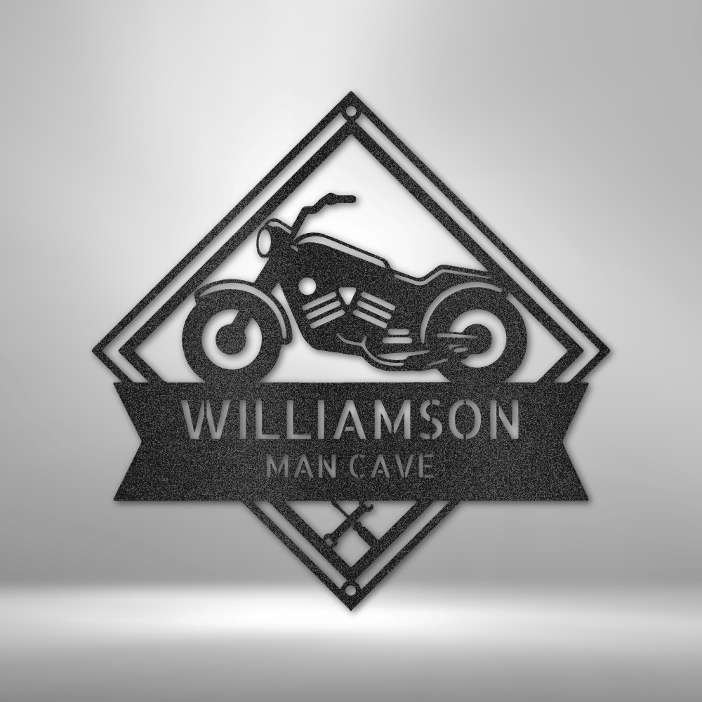 Custom steel motorcycle sign with a vintage bike design, featuring a personalized name and "Man Cave" text.