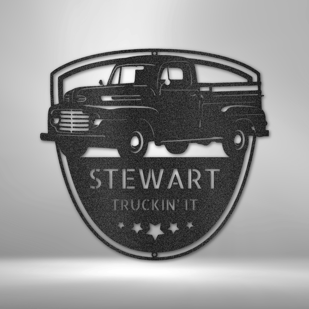 Custom vintage truck metal wall art featuring a classic pickup design with a customizable name and slogan.