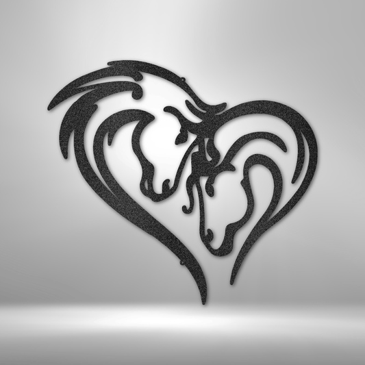 Elegant horse couple metal wall art forming a heart shape. Crafted from 16-gauge steel, this non-customizable piece is perfect for equestrian lovers and rustic home décor.