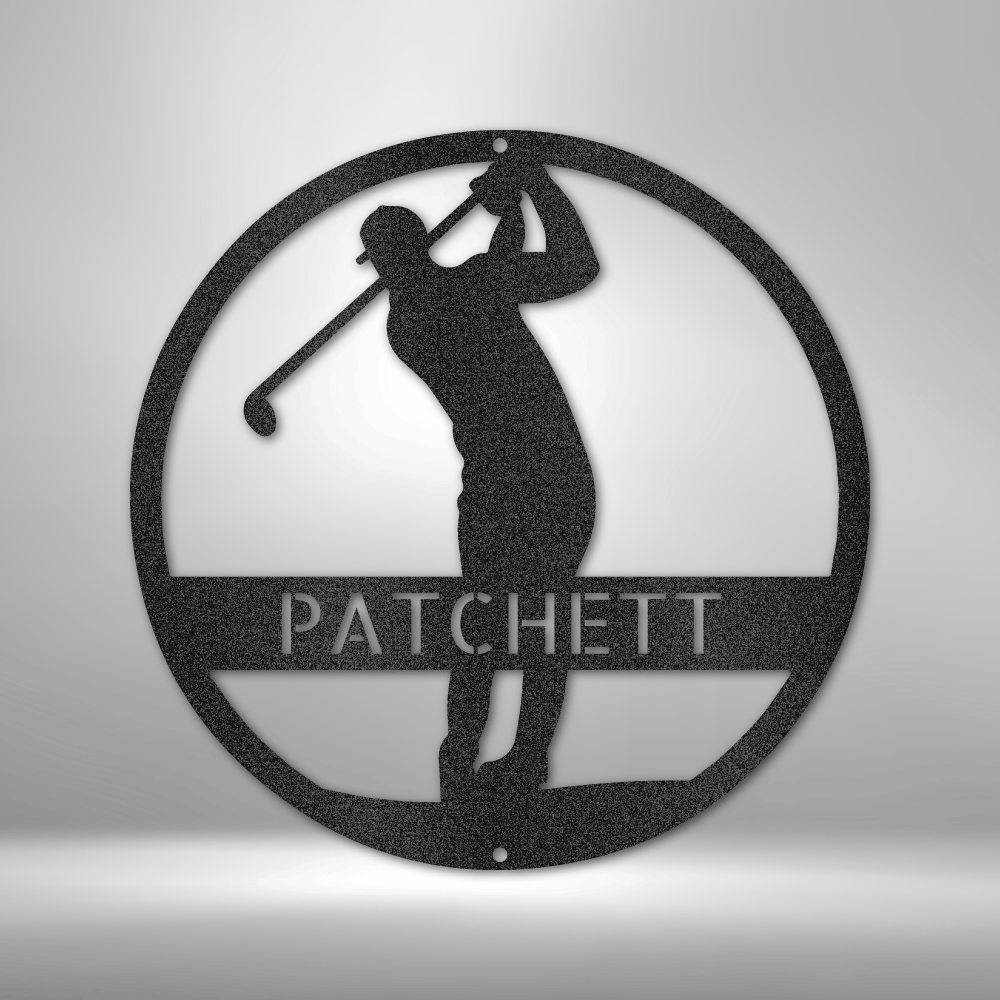 Custom Golf Swing Metal Sign – Personalized Golfer Name Sign for Home, Office, or Clubhouse. Available in Black, Copper, Bronze, Silver, and White.