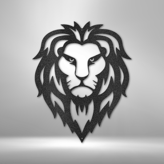 Intricately designed lion head steel wall art, laser-cut from 16-gauge steel and powder-coated for long-lasting durability.