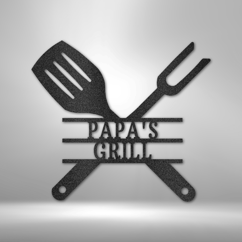 Customizable Papa’s Grill metal sign featuring a crossed spatula and grilling fork design. Made from 16-gauge steel and powder-coated for long-lasting durability. Available in black, bronze, white, copper, and silver. The perfect gift for grill masters, BBQ lovers, and backyard chefs.