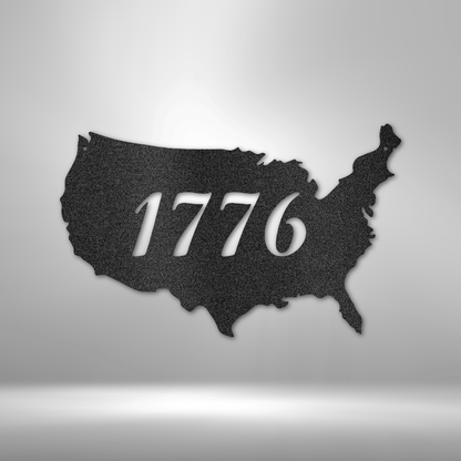 USA-shaped 1776 steel sign, cut from 16-gauge steel and powder-coated for indoor and outdoor durability. Available in Black, Silver, White, Copper, and Bronze finishes. Perfect for patriots, veterans, and freedom lovers.

