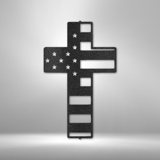 American Flag Cross Steel Sign made from 16-gauge steel, featuring a patriotic stars and stripes design. Available in Black, Silver, White, Copper, and Bronze finishes.