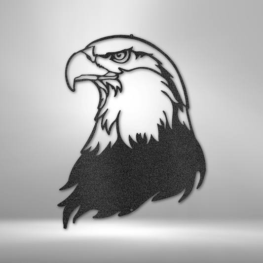 Detailed laser-cut steel Bald Eagle wall art, featuring sharp detailing and a patriotic design.