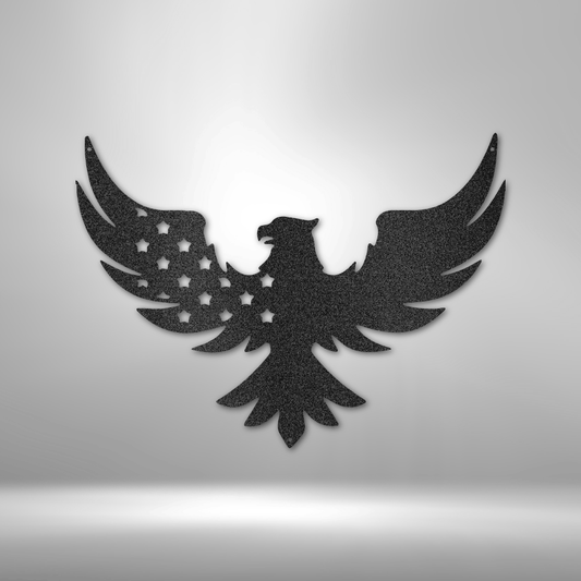 Metal wall art of an eagle with American flag details, crafted from 16-gauge steel and powder-coated for durability.