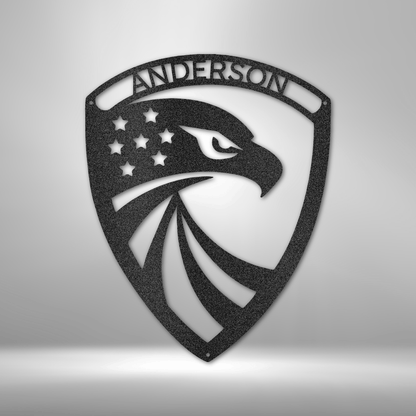 Custom American Eagle Shield steel sign with a fierce eagle head, stars, and a customizable nameplate. Made from 16-gauge steel, powder-coated for durability, and available in Black, Silver, White, Copper, and Bronze finishes.