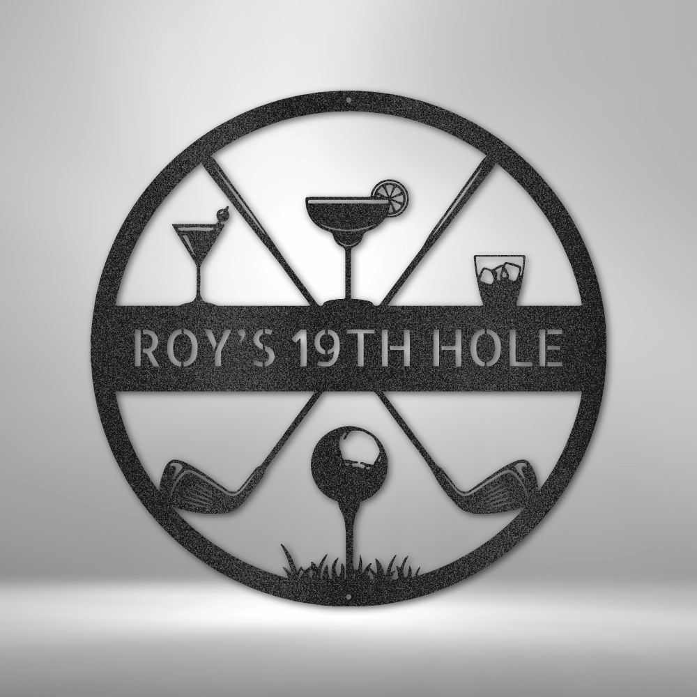 Custom golf-themed metal sign featuring crossed golf clubs, a golf ball on a tee, and cocktail glasses, with personalized text for a 19th hole bar or golf retreat. Crafted from 16-gauge steel with a powder-coated finish. Available in black, copper, bronze, silver, and white.