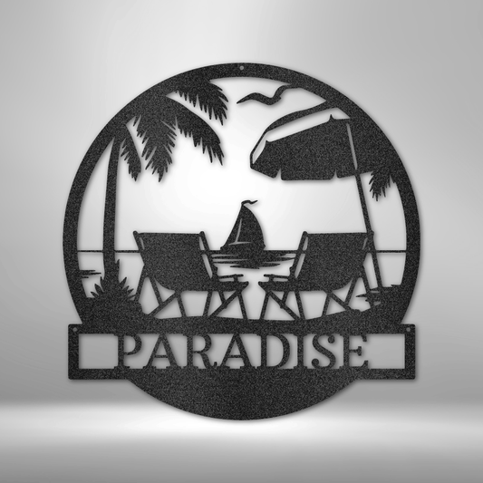 Personalized Tropical Paradise Metal Sign – Custom Beach Scene Wall Art with Name Option. Available in Black, Copper, Bronze, Silver, and White.