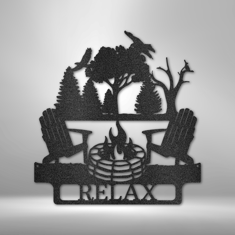 Custom metal campfire sign featuring Adirondack chairs, a fire pit, and a scenic forest background with "RELAX" text. Available in Black, Copper, Bronze, Silver, and White.